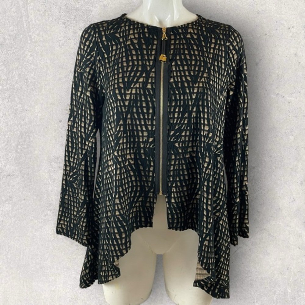 IC COLLECTION Gorgeous Black and Beige Patterned Zip-Front Cardigan Size L